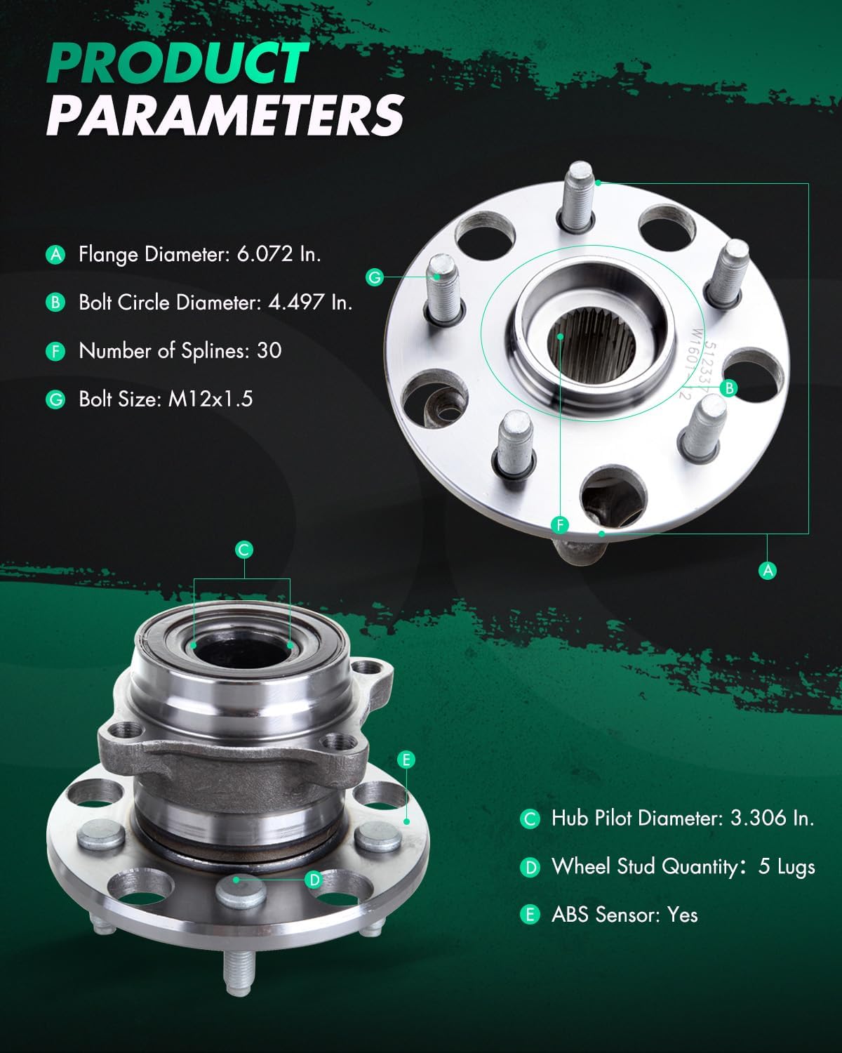 SCITOO 512337 Pair Wheel Hub and Bearing Assembly Rear for 2006-2019 for Lexus GS F,GS300,GS350,GS430,GS460,IS F,IS250,IS350,RC F w/ABS