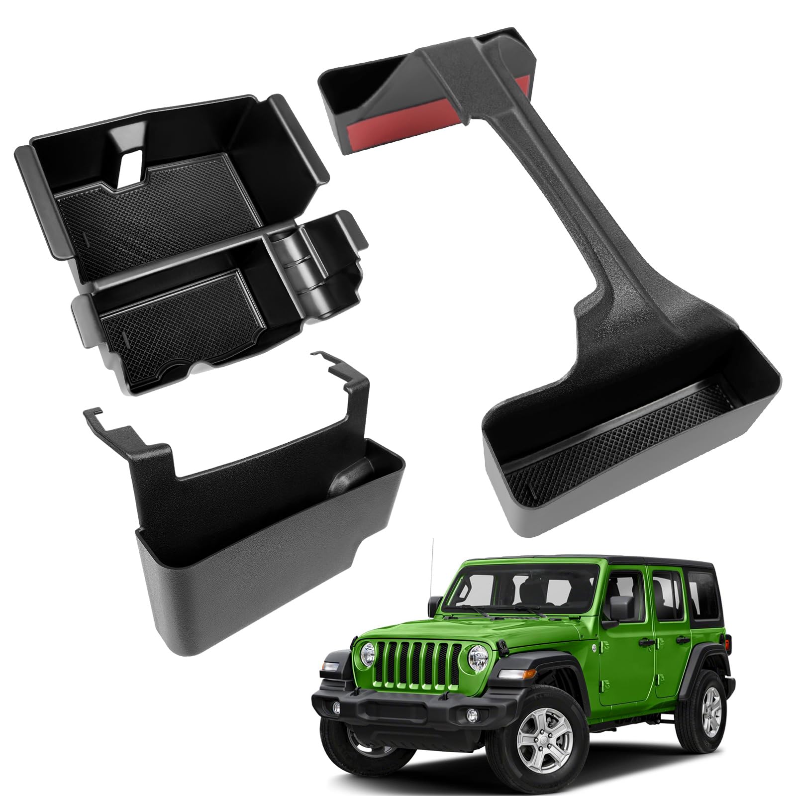 OUSUWO 3PCS Center Console Organizer Combo Kit Compatible with 2018-2025 Jeep Wangler JL JLU 4XE Rubicon Sahara & Gladiator JT Accessories, Insert/Hanging Armrest Storage Box & Gear Shift Side Tray