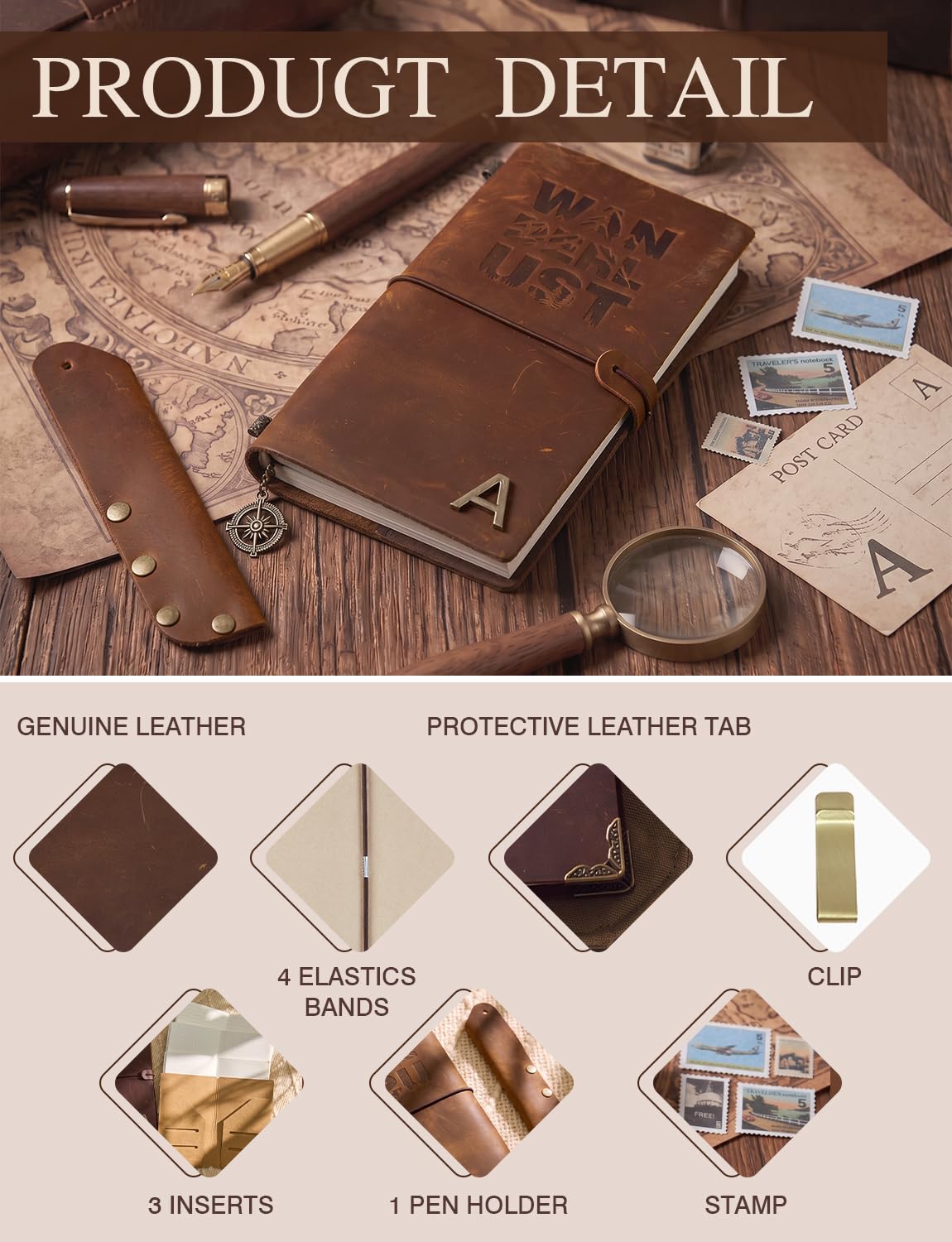 Refillable Genuine Leather Vintage Travelers Notebook with Initials (S) | Diario di viaggio con 3 inserti, 1 portapenne, 1 clip, regalo personalizzato per donne e uomini, compleanno, Natale