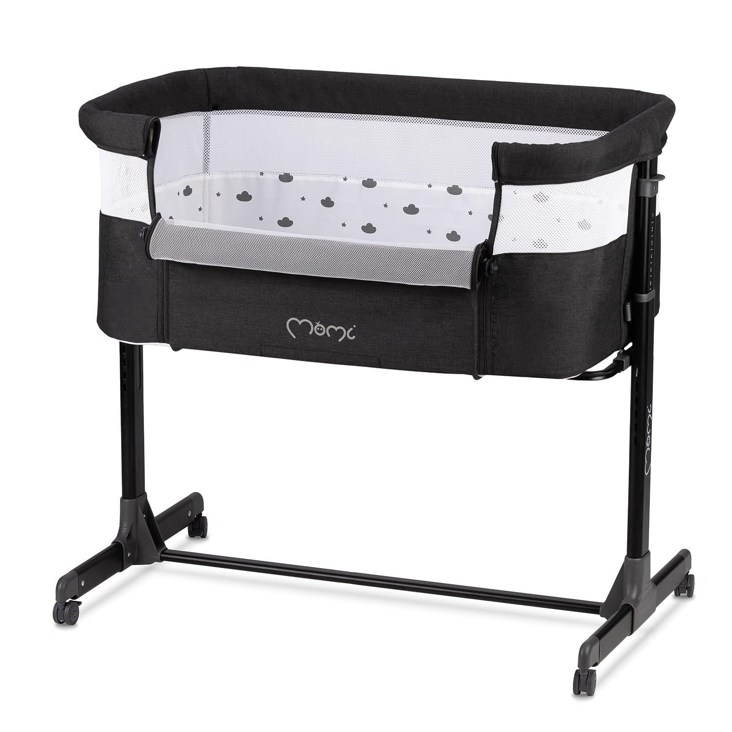 Momi REVO Lettino multifunzionale, con regolazione dell'altezza su 6 livelli da 72 a 82 cm, con rotelle, materassino incluso, cinghie di fissaggio, zanzariera e barra giochi