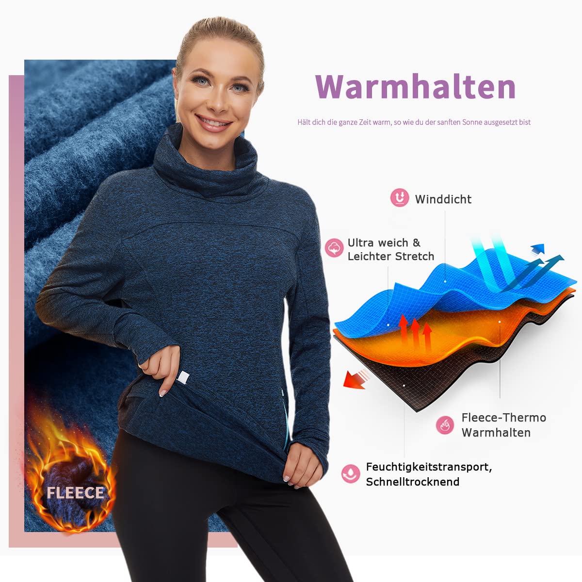 Soneven Maglia Termica Donna Manica Lunga Invernale Winter Run Pullover Maglione con Kanga Pocket Top Sport T-Shirt Baselayer da Corsa Ciclismo Fitness