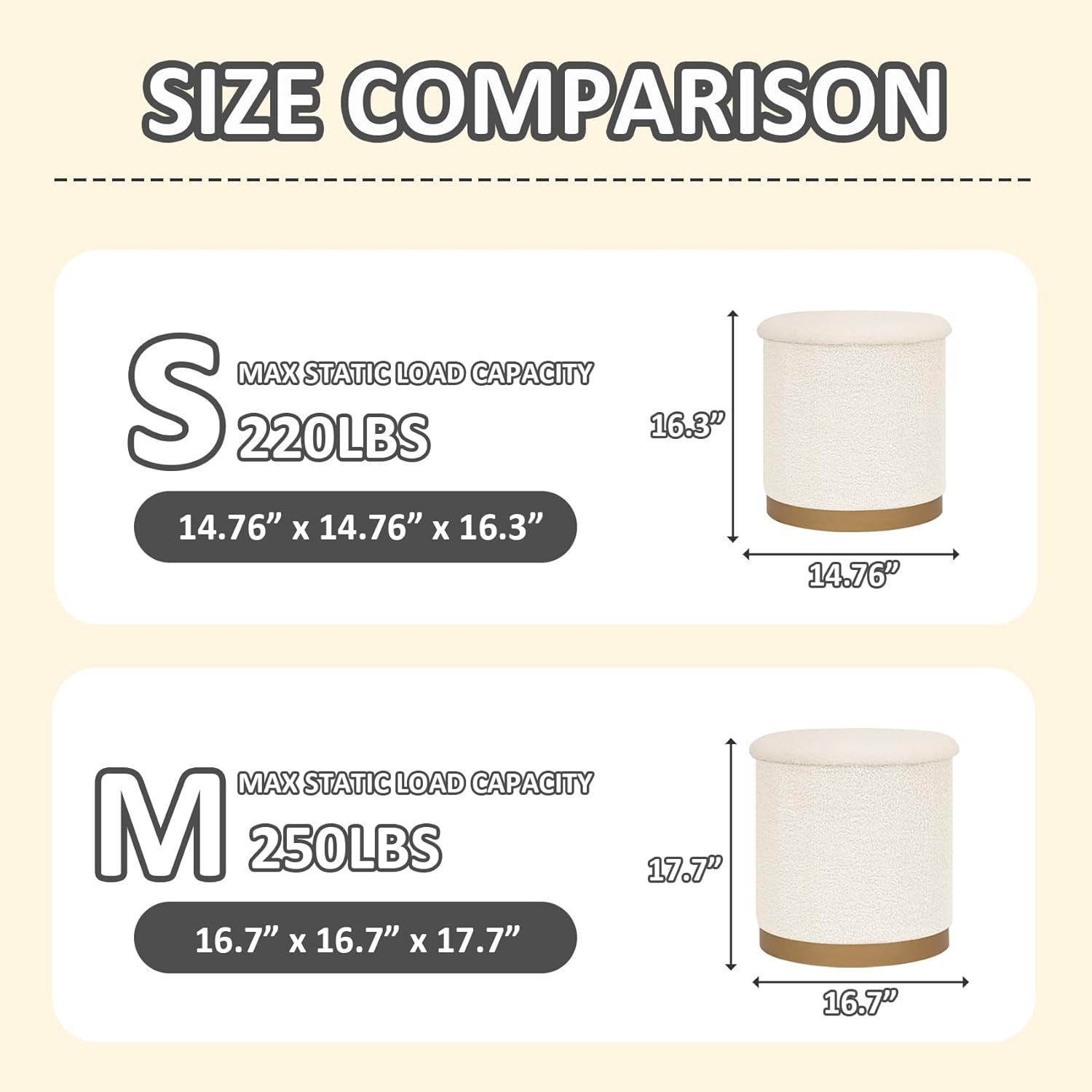 PINPLUS Round White Boucle Storage Ottoman, 14.7"x14.7"x16.3" – Soft Teddy Footstool with Hidden Storage for Bedroom & Apartment, 220 LBS Capacity - Image 3