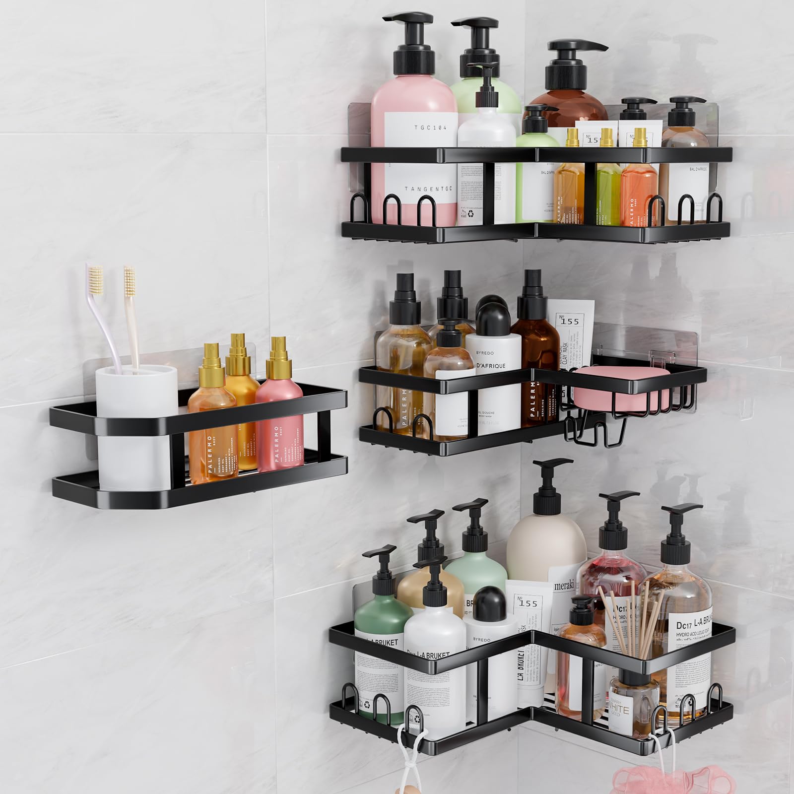 Youvip Estante de ducha esquinero sin taladrar, adhesivo, estantes de ducha inoxidables | Organizador para dormitorio. Negro, paquete de 4, con soporte para jabón