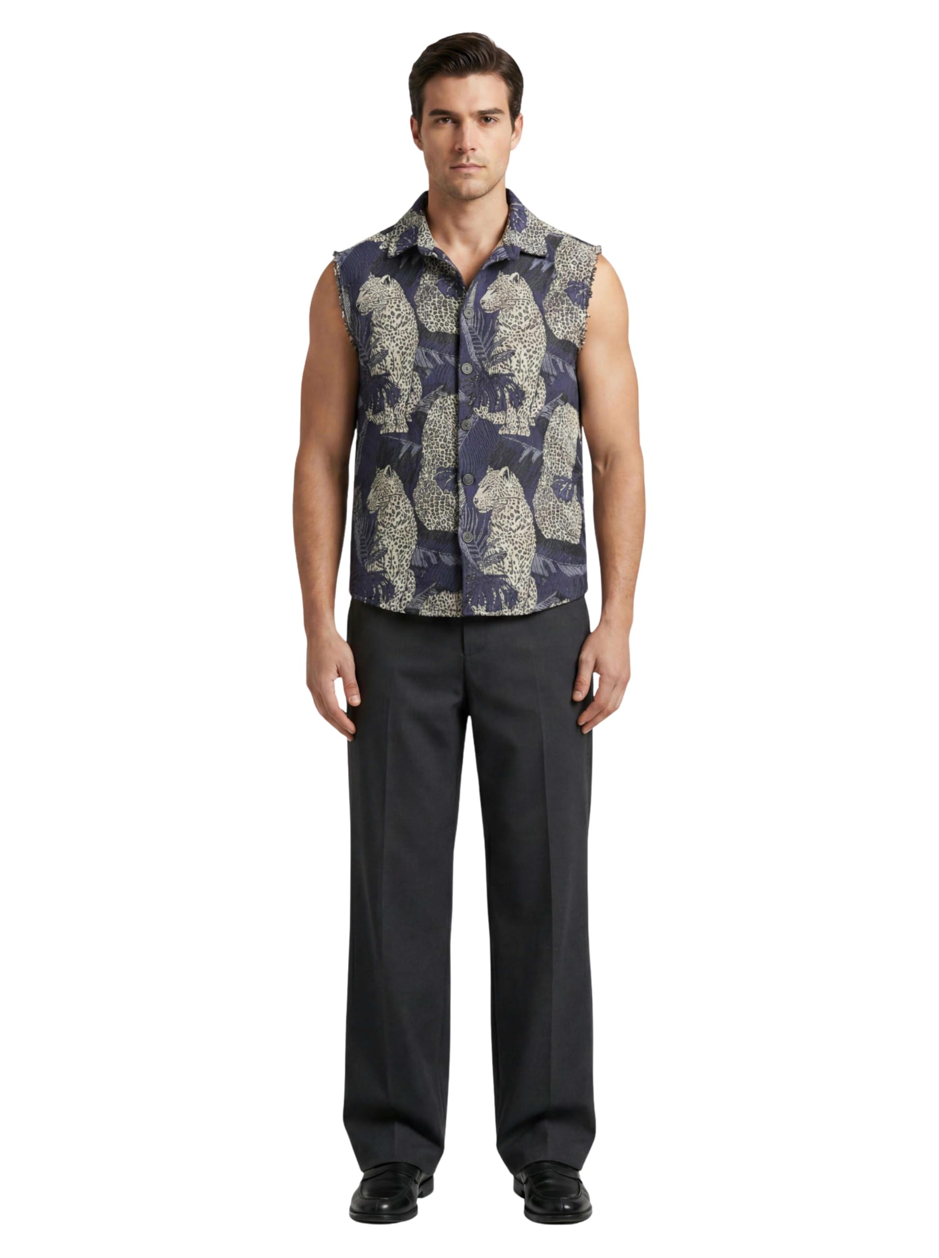 clazzey Leopard’s Lair Polycotton Printed Jacquard Vest for Men Sleeveless Designer Animal Print Shirt Stylish Wear (Blue-2XL)-picture-56