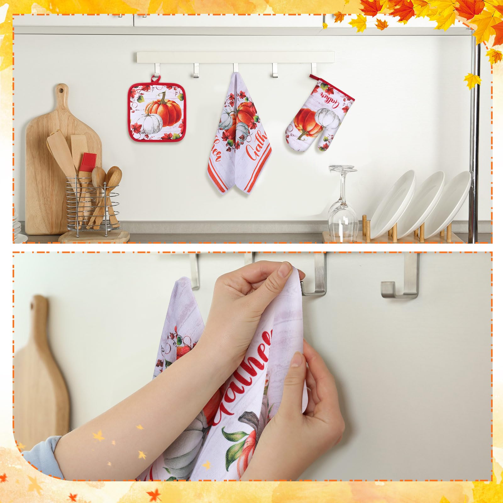Juego de 6 accesorios de cocina de otoño, incluyendo paños de cocina de calabaza, guantes de horno, soportes para ollas, cosecha, hojas de arce, regalos para otoño, otoño, Acción de Gracias 7