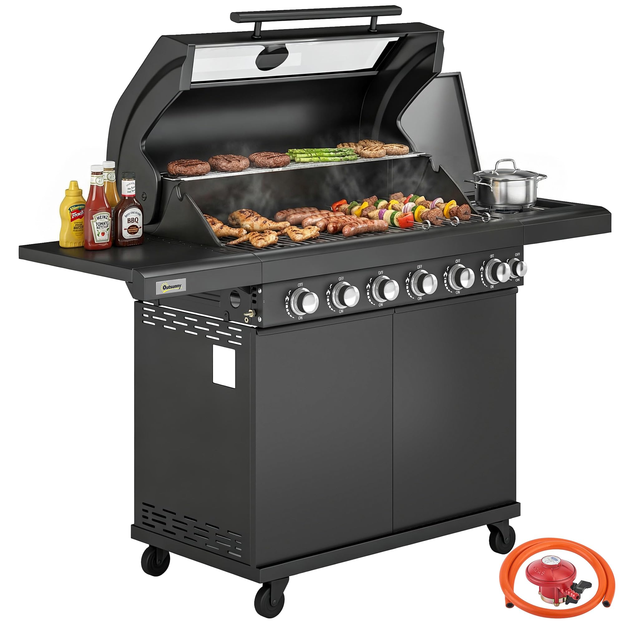 Outsunny 6+1 Burner Gas BBQ Grill, 20.5 kW Portable Outdoor Barbecue Trolley with Wheels, Warming Rack, Built-in Thermometer, Side Shelves, Cabinet, Bottle Opener, Lid with Viewing Window, Black