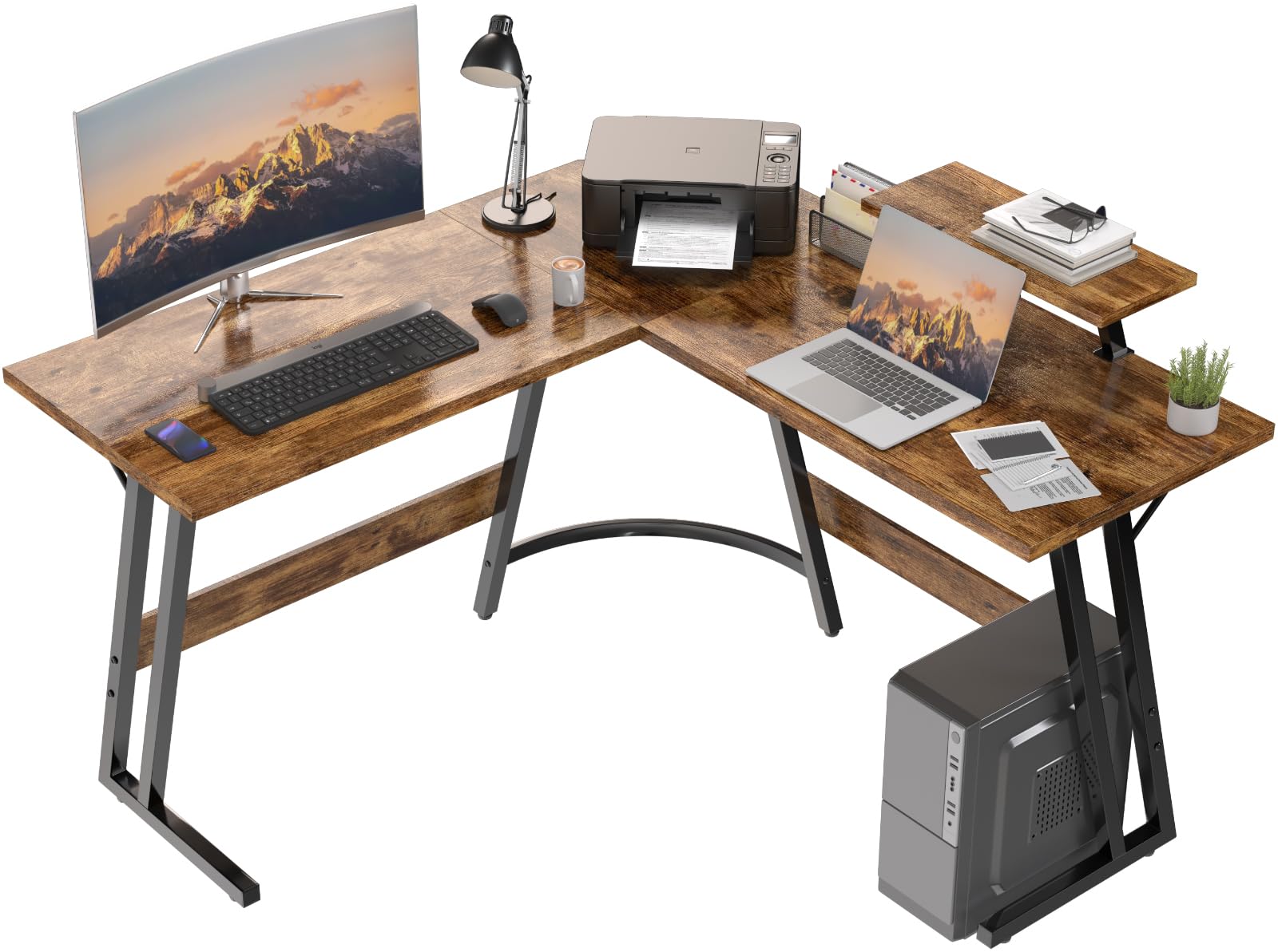 Devoko L Shaped Gaming Desk 120x120cm With Removable Monitor Stand, Corner Computer Desk Large PC Writing Table for Home and Office,Easy to Assemble, Wood Grain Rustic Brown — image 1