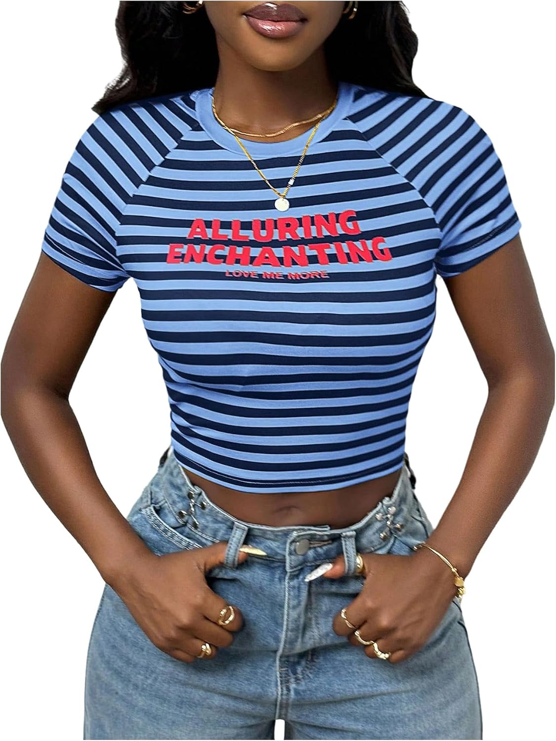 SOLY HUX Women's Striped Graphic Cropped T Shirts Y2k Short Sleeve Fitted Tee Tops