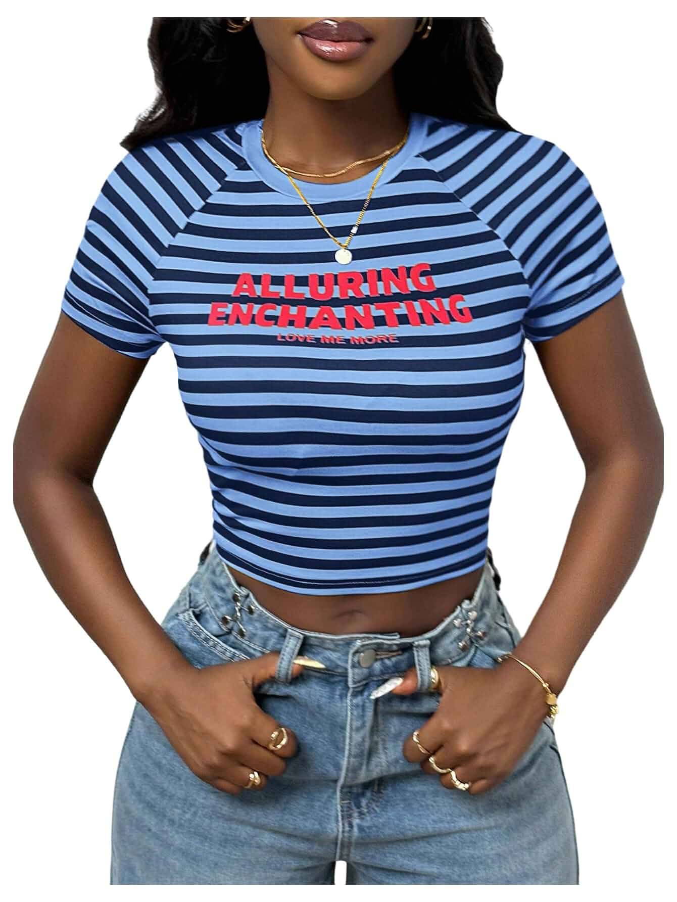 SOLY HUX Women's Striped Graphic Cropped T Shirts Y2k Short Sleeve Fitted Tee Tops Short Sleeve
