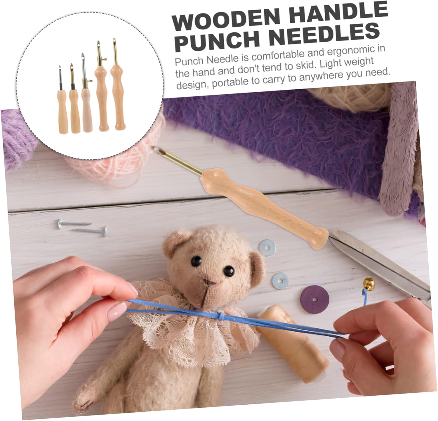 Lurrose 15pcs Punch Needle Kit Wooden Handle for Embroidery Ergonomic and Lightweight Sewing Needles for Home Craft Projects and Decorative Art