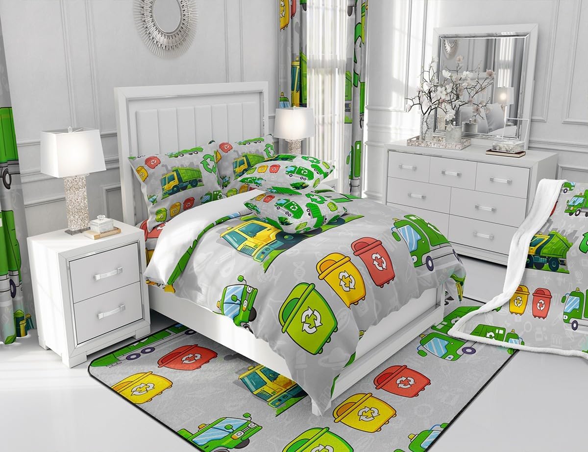 Feelyou Green Garbage Truck Grey Curtains Cartoon Trash Truck Window Drapes Treatments for Kids Boys Girls Green Vehicle Car Window Drapes Garbage Trash Toy Window Treatments, 42W X 63L,2 Panels