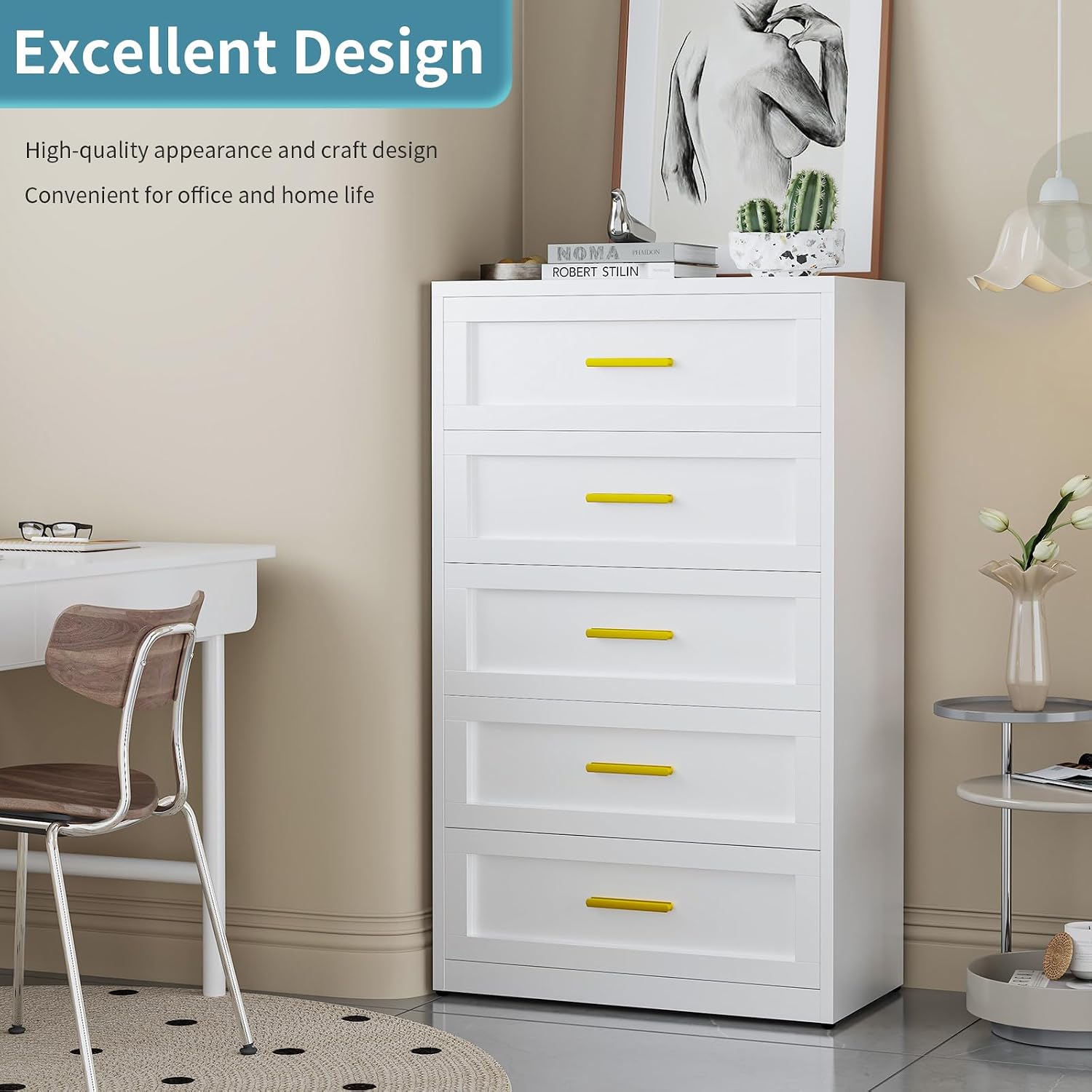 Metal Dresser for Bedroom White 5 Drawer, Closet Dresser Storage with 5 Closet Drawer & Golden Handle, Storage Organizer Cabinet for Bedroom, Closet, Hallway, Dorm, Entryway