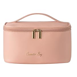 KITENROM Makeup Bag Portable Travel Cosmetic Bag with Brush HolderWaterproof Make Up Bag For Women with Handle Root Pink