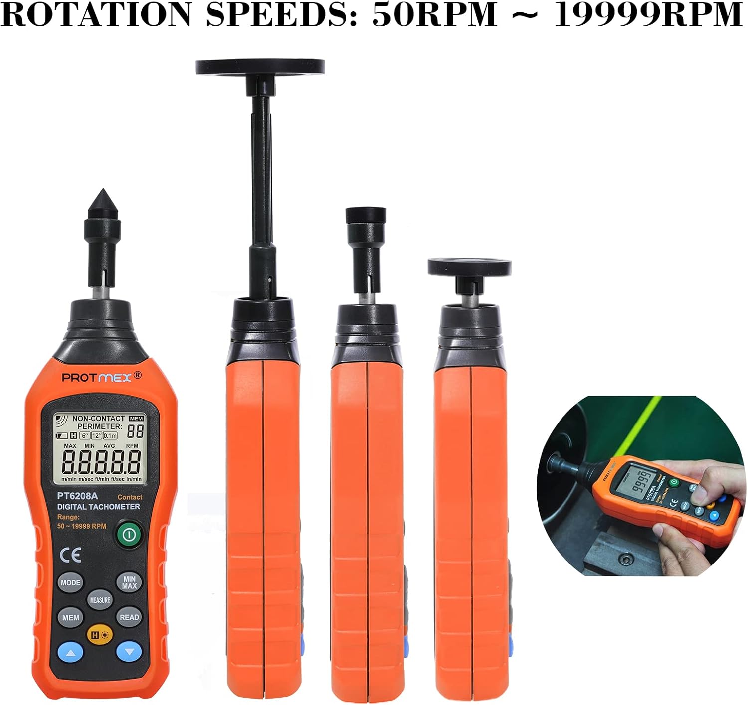 Protmex PT6208A Digital Contact Tachometer, Contact Measurement Speed Tach Meter, 50-19999RPM Speed Meter, Contact Tach RPM Meter with 100 Groups Data Logging, Data Hold, Max/Min/AVG, Backlight