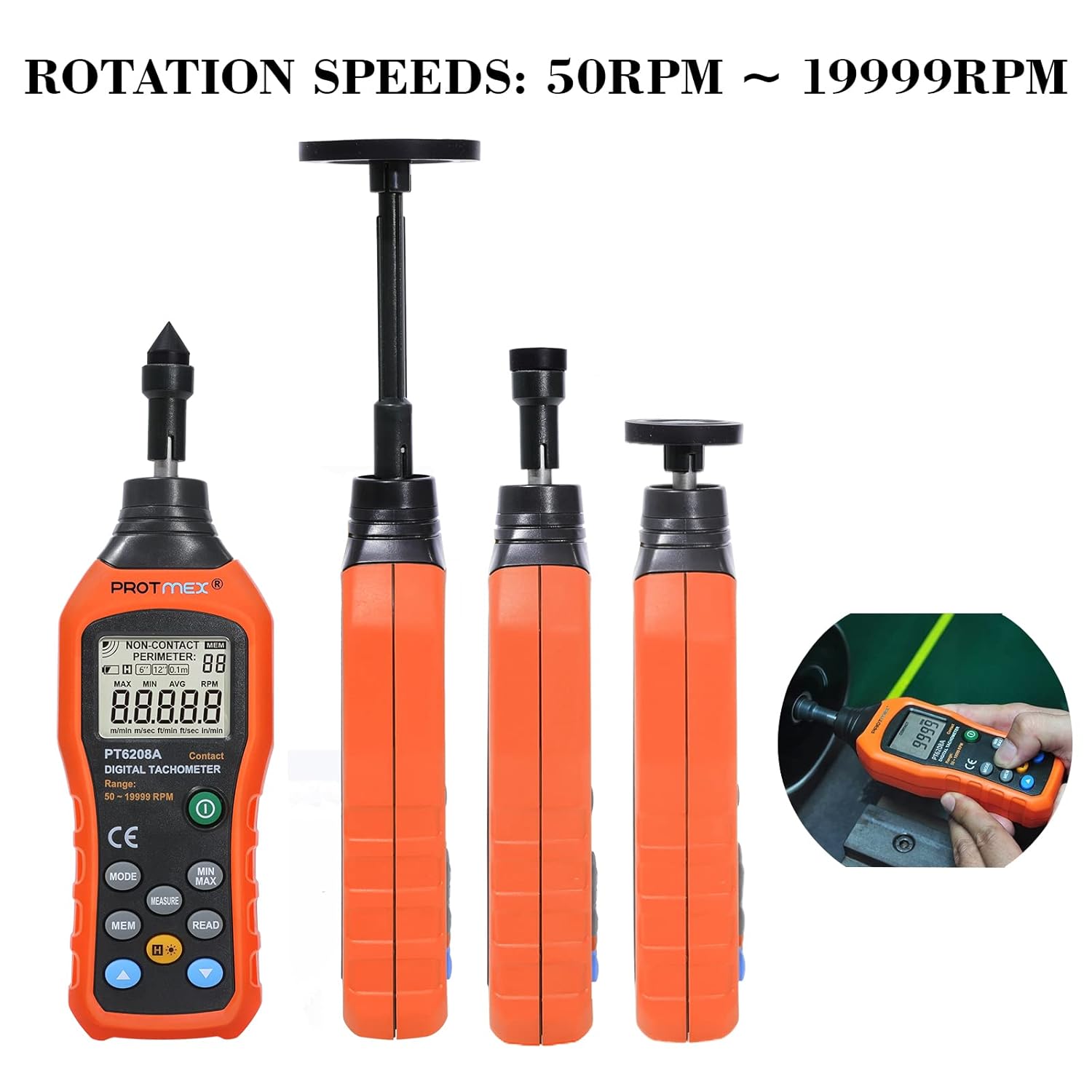 Protmex MS6208A Tachometer with various attachments and RPM range