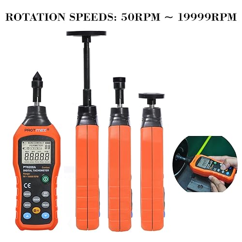 Miniatura 4 de Protmex Tacómetro Digital, Tacómetro de Contacto 50-19999 RPM, Medidor de Velocidad Manual con Almacenamiento de Datos de 100 Grupos