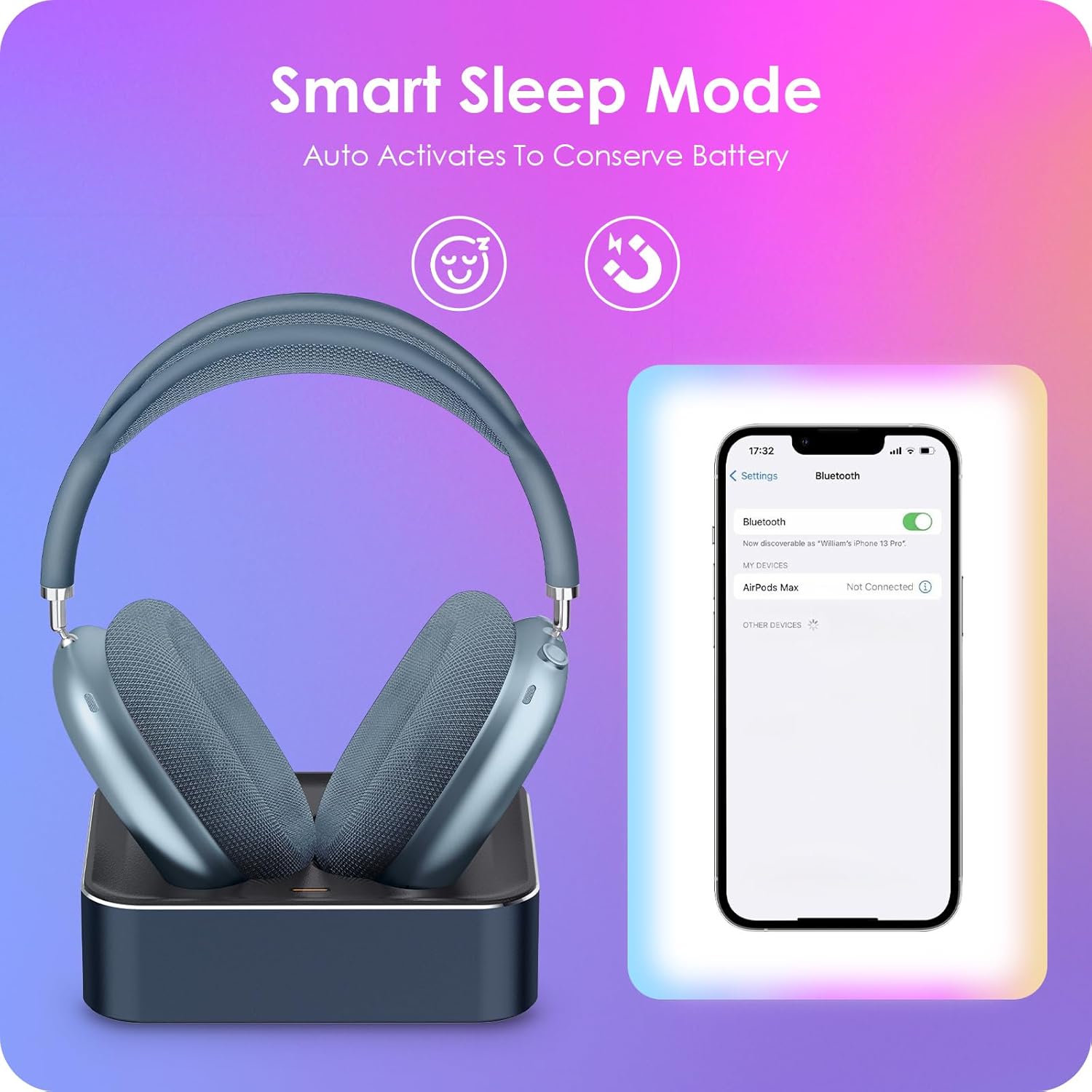 Complete Charging Set for Airpods Max - All-Day Power Bundle, Magnetic Charger Dock & Portable Battery Carrying Case, Auto Sleep Mode (Blue & Black) - Image 4