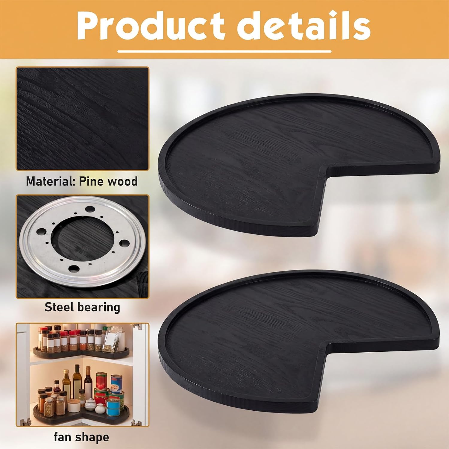 Leinuosen 2 Pcs 24in/28in/32in Banded Pine Wood Full Kidney Shaped Lazy Susan for Corner Base Cabinets with Iron Swivel Bearing for Kitchen Turntables, Not Include Metal Rod (32 Inch,Black)