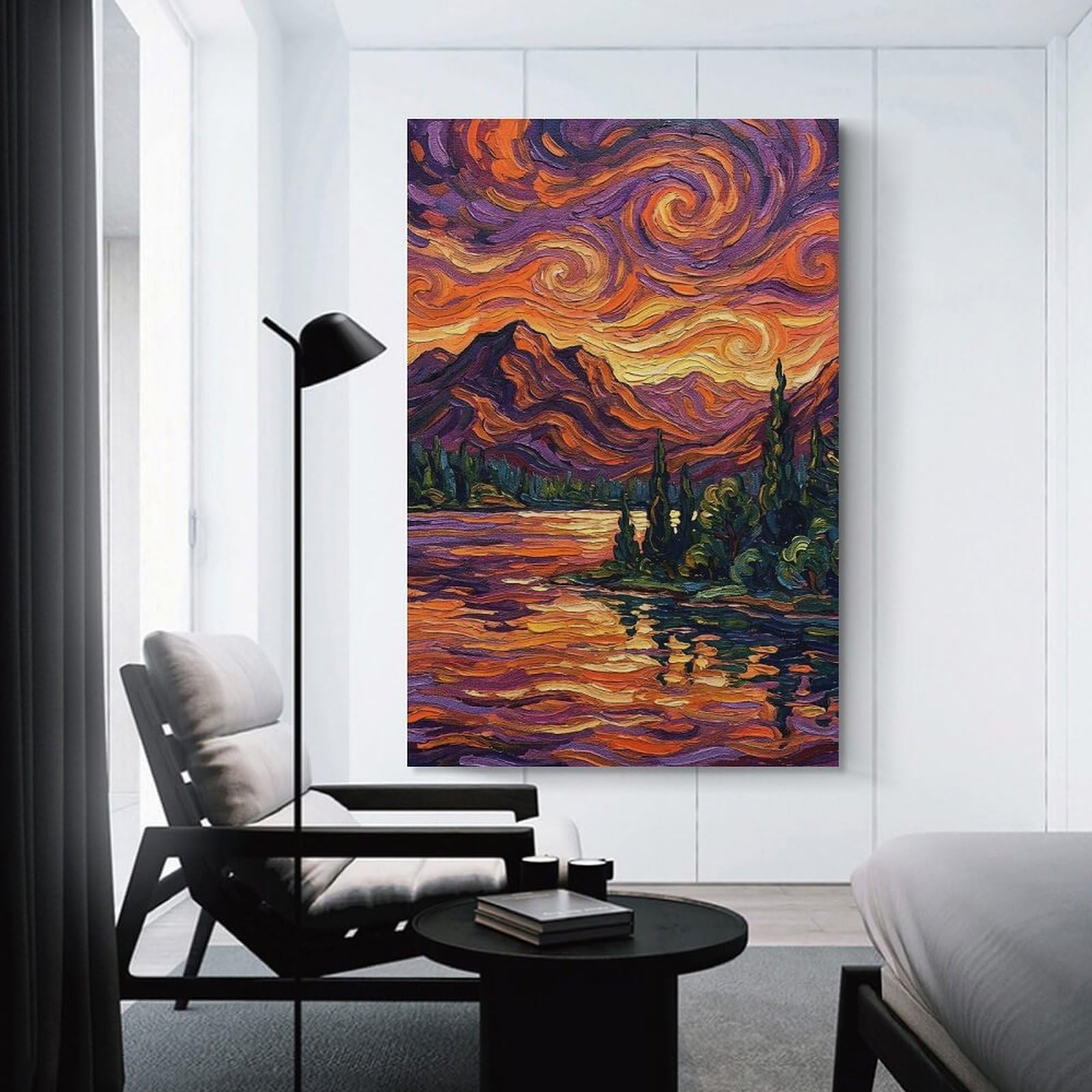 Junmoney Unframe-Style-4 Canvas Wall Picture Impressionistic Landscape Painting With Swirling Sky, 24X36inch(60X90cm), For Bedroom Decor, Cosy Corners Or Studios, A Warm Accent For Relaxed Interiors