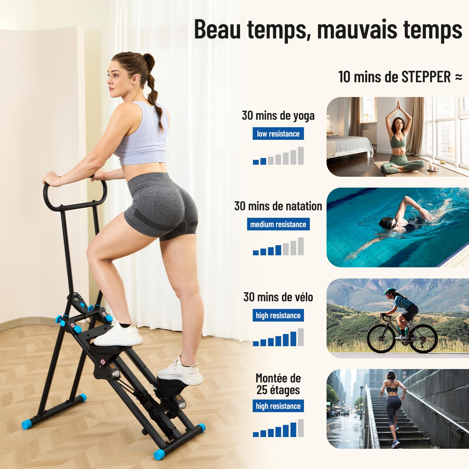 HXD-ERGO Stepper d’Escalier Pliable Fitness 2026, Appareil Cardio Maison Professionnel avec Guidon Réglable, Écran LCD, Machine d’Entraînement Complet du Corps Compacte