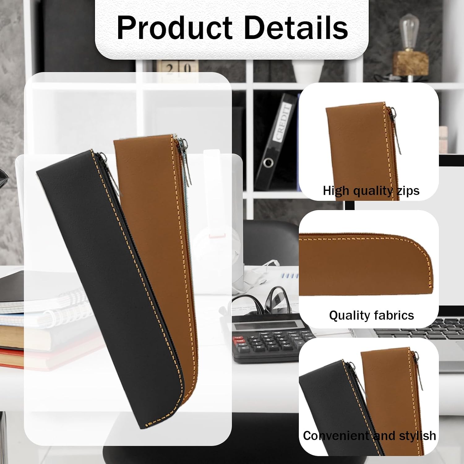 Astuccio in pelle, 2 pezzi, sottile, portatile, piccolo, piatto, morbido, con cerniera, semplice borsa per trucco, per donne, uomini, casa, ufficio, viaggi all'aperto (nero, marrone