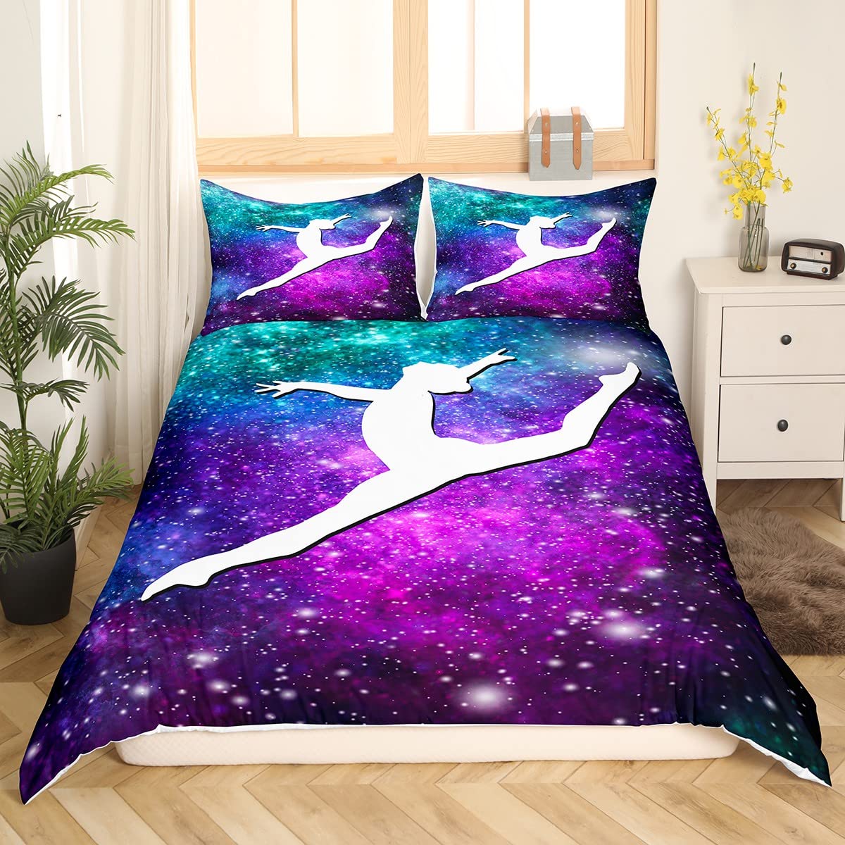 Homemissing Set copripiumino da ginnastica con glitter, per bambini, ragazzi, ragazze, spazio esterno, con motivo galassia e copriletto, in microfibra, colore: blu e viola