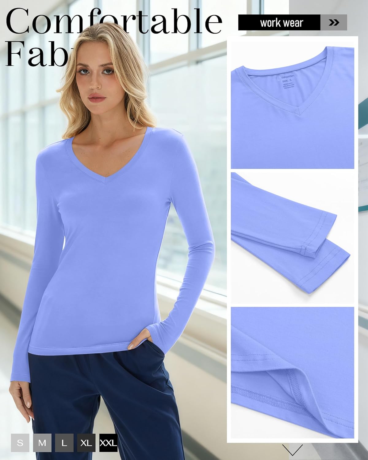 5 Pack Women's Long Sleeve Under Scrubs V Neck Fitted Undershirts Basic Layering Tops for Nurse - Image 4