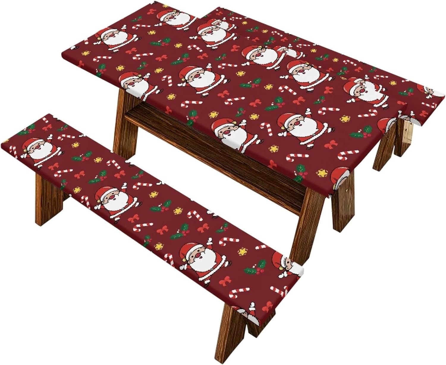 Santa Candy Cane Picnic Table Cover with Bench Covers Waterproof Farmhouse Christmas Decor Table Cover Water-Resistant Camping Fitted Tablecloth for Picnics Indoor and Outdoors Dining