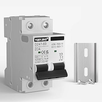 DC Circuit Breaker 20 Amp Solar Panel Disconnect Switch 12V-500V 2 Poles Miniature Solar Circuit Breaker for Outdoor PV Homes Battery, AC 110V DIN Rail MCB