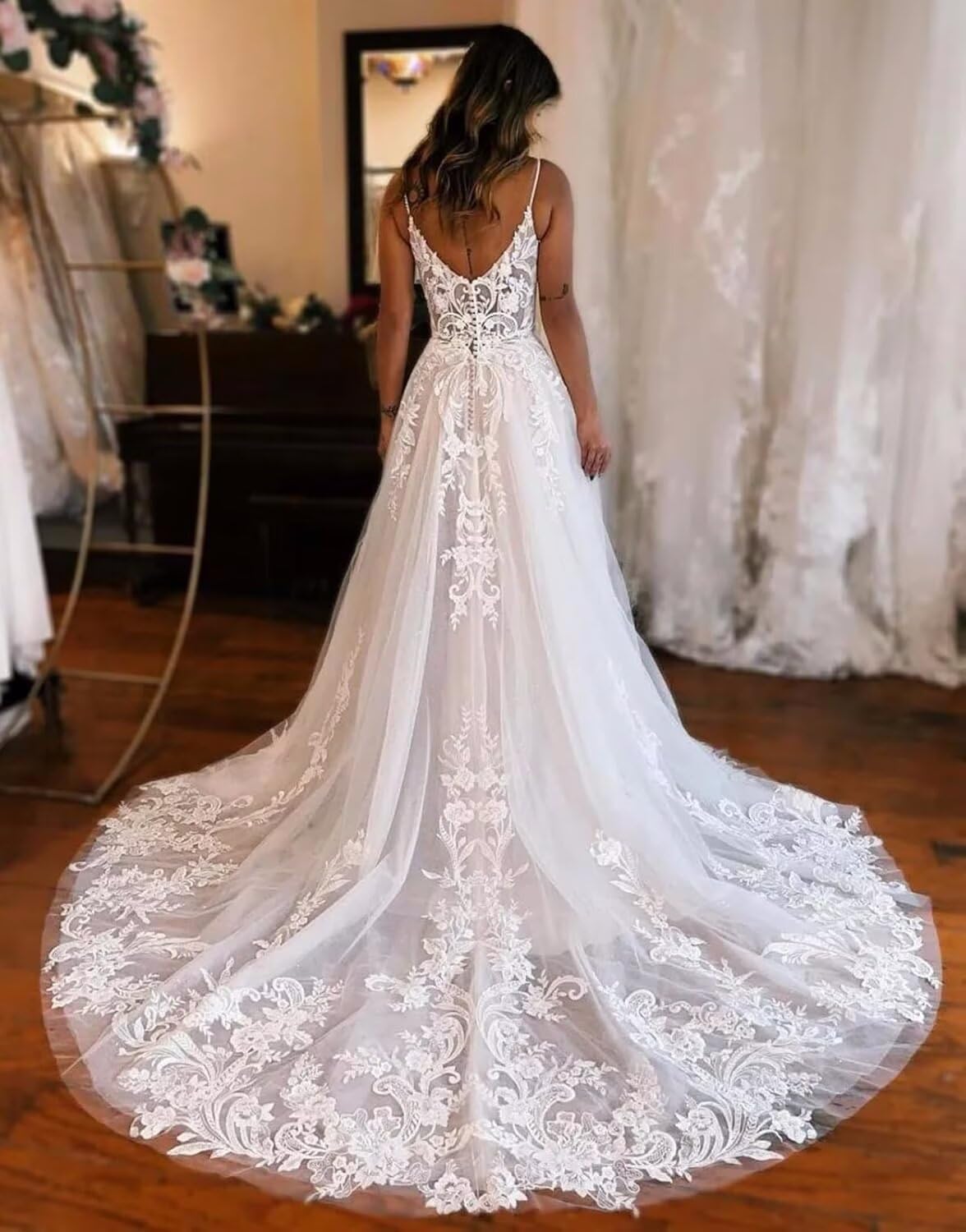 Lace Wedding Dresses for Bride Spaghetti Straps Bridal Gown V Neck Wedding Party Dress with Slit - Image 4