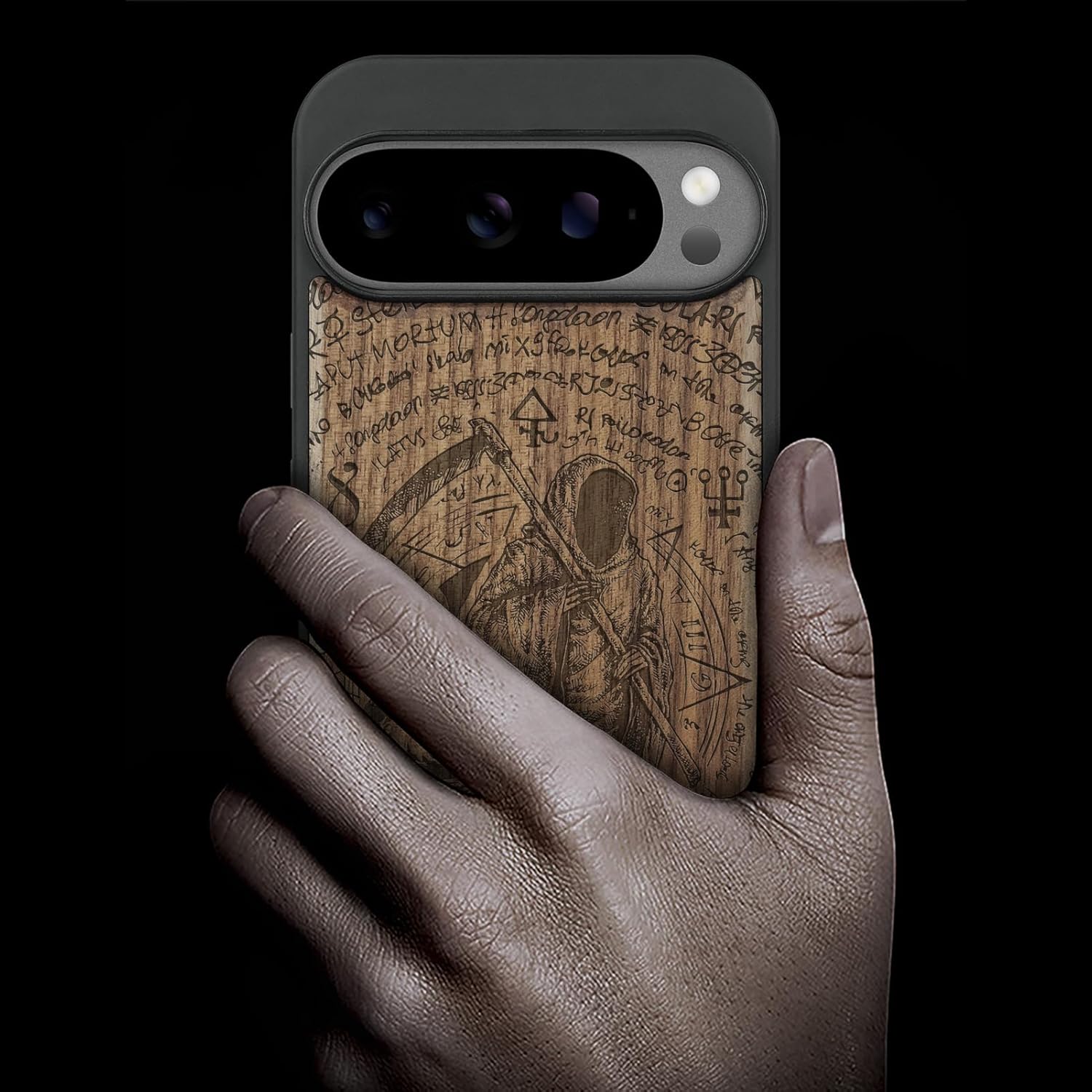 Carveit Magnetic Wooden Case for Google Pixel 10 / Pixel 10 Pro Case, Wood Artisan Engraved & Soft TPU Shockproof Cover, Compatible with MagSafe Wireless Chargers (The Grim Reaper of Carved) Walnut