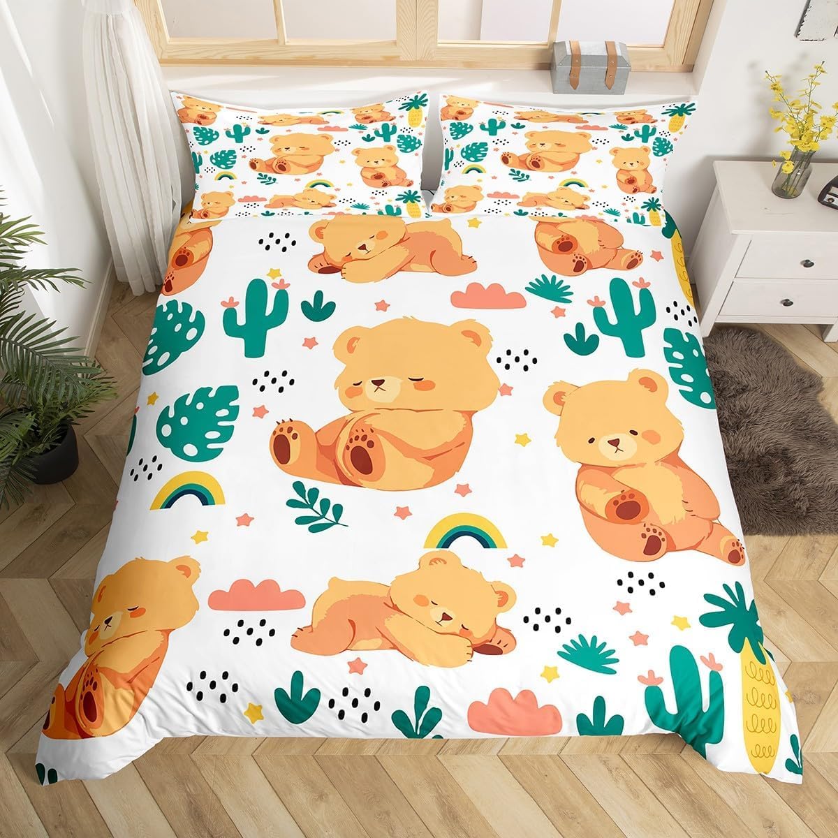 Housse de couette 140x200 ours parure de lit 1 personne microfibre avec taie