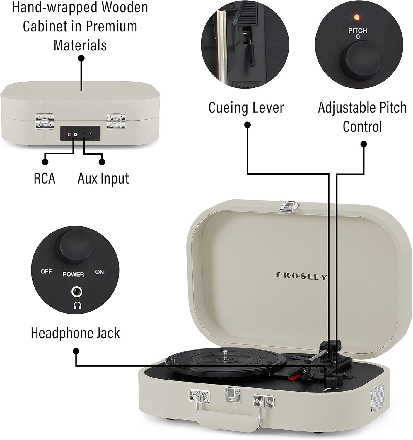 Close-up of Crosley Discovery Record Player controls: pitch, volume, on/off, phono/Bluetooth switch, and headphone jack.