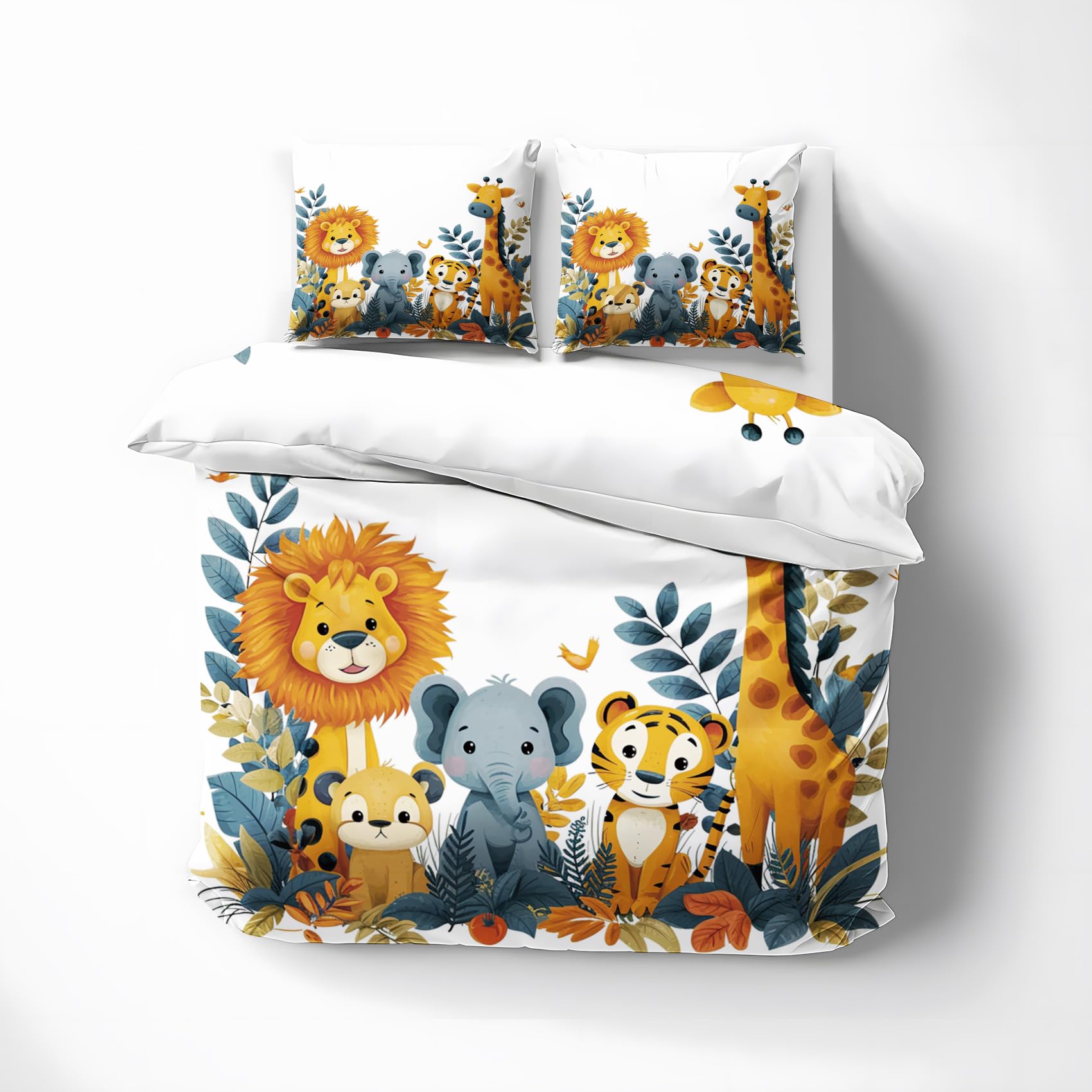 Parure Housse De Couette 90x190 Enfant Safari Jungle Réversible + Taie 65x65 - Microfibre Douce Animaux