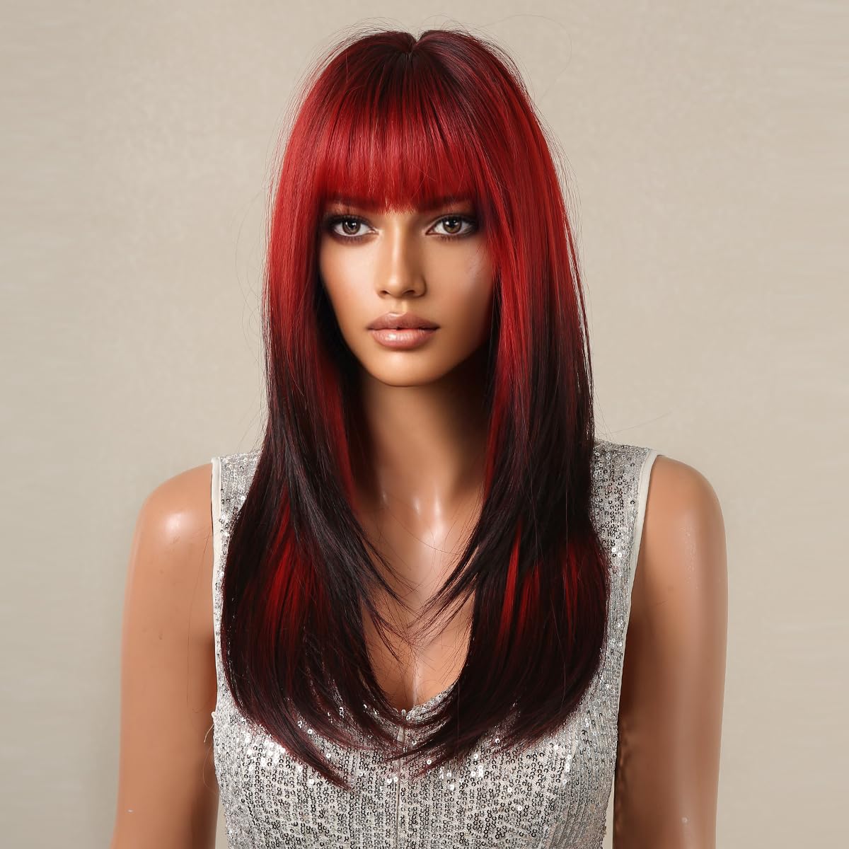 testar Ombre Red Black Wigs for Black Women Long Straight Wigs With Bangs Cosplay Wigs Natural Looking Synthetic Wig Heat Resistant Layered Cosplay Wigs Daily Use 22 IN