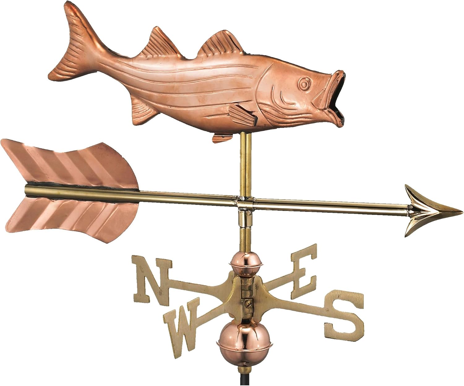 Good Directions Bass with Arrow Cottage Weathervane - Pure Copper with Roof Mount