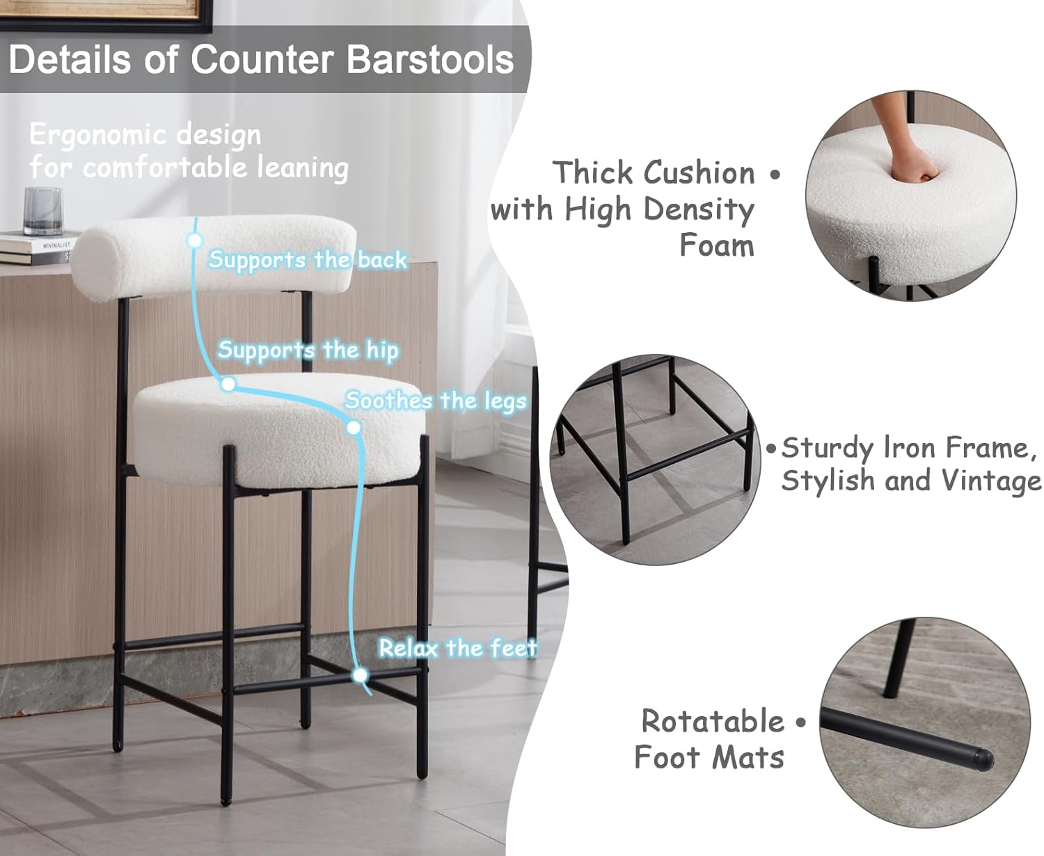 CIMOTA Modern Boucle Bar Stools Set of 4, Upholstered Counter Height Bar Stools with Open Back Boucle Kitchen Island Chairs Comfortable Fabric Barstools with Black Metal Legs, 26 Inch/Sherpa White