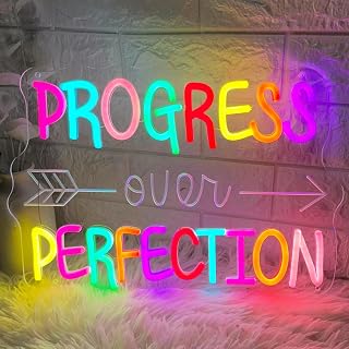 Progress Over Perfection Neon Sign, LED Neon Light Signs for Wall Decor Dimmable Inspirational LED Light Up Sign for Classroom Office Bedroom Library Study Room Kids Room Decorations