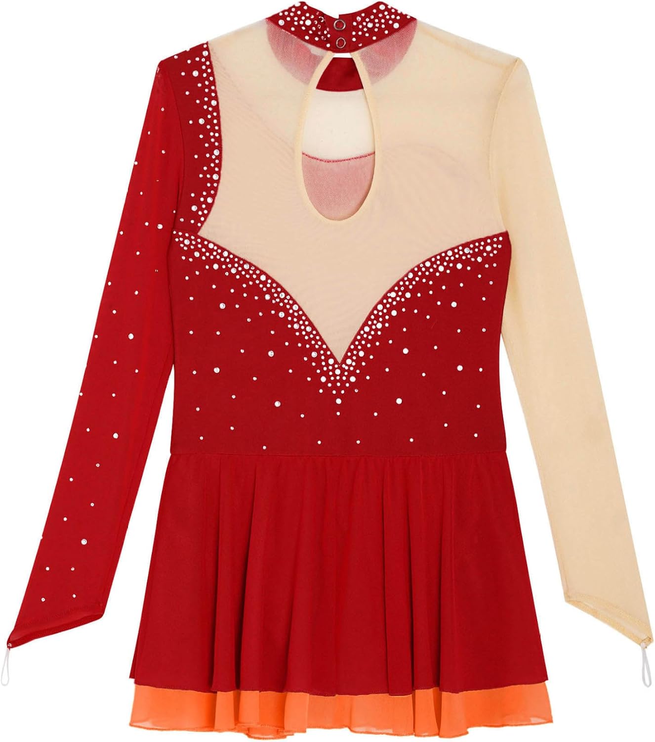 Kids Girls Figure Ice Skating Dress Rhinestone Splice Mesh Long Sleeve Tutu Skirted Leotard Ballet Dance Costume