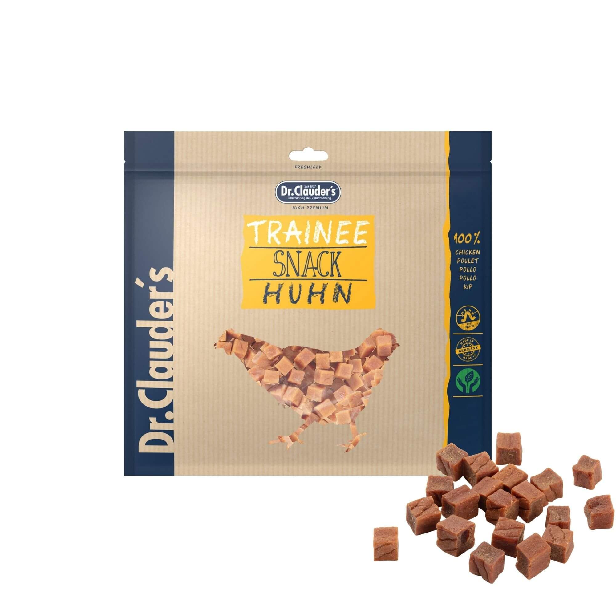 Trainee Snack Pollo | Premio para Perros y Gatos | 500 g | con FOS | Dr. Clauder's | Alimento complementario para perros y gatos | 95 % carne de pollo | Secado al vapor con cuidado