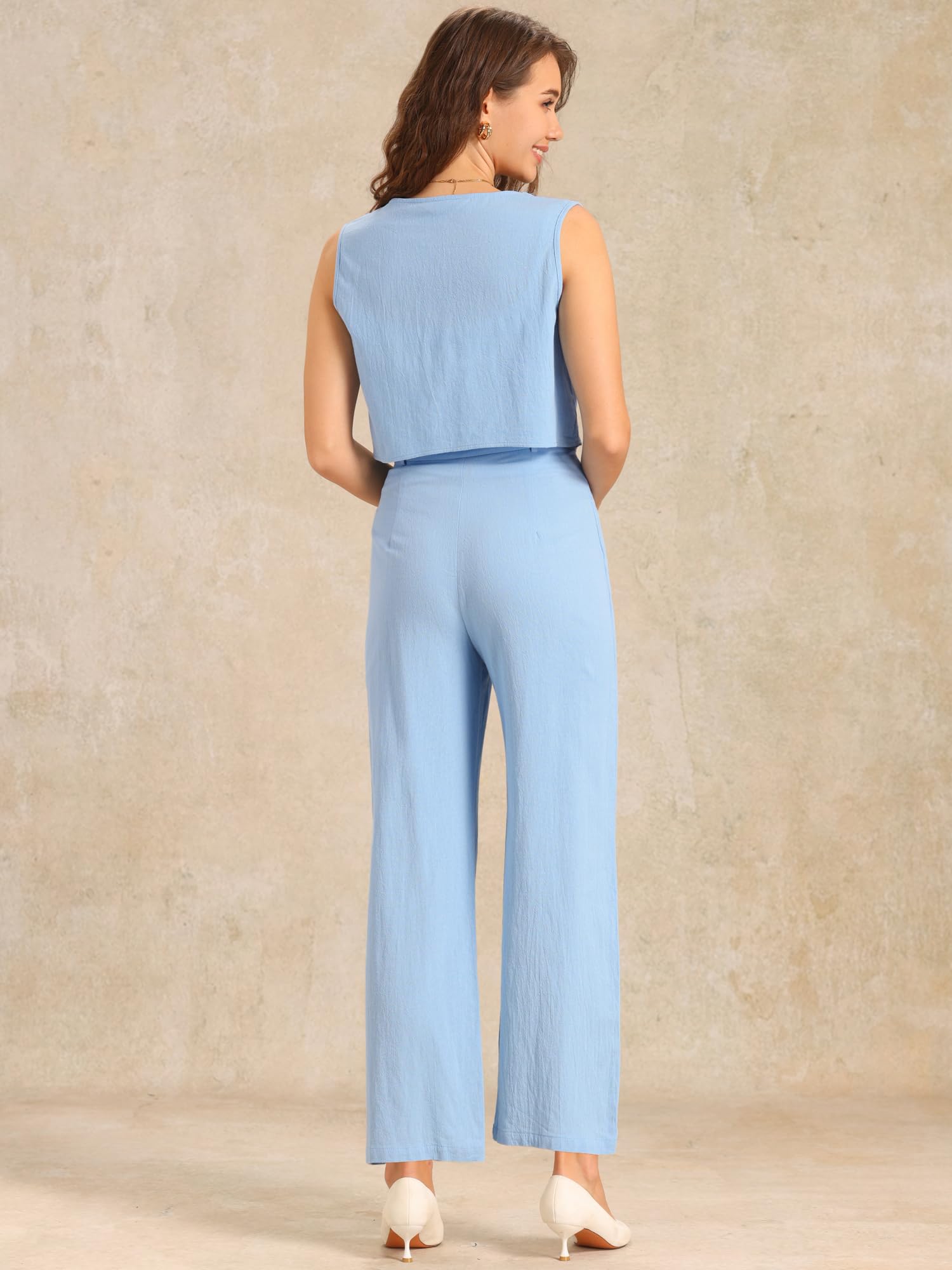 Allegra K Femme Ensemble Lin Veste Courte Pantalon Large Jambe | Haut sans Manches avec Pantalon Tissu Coton Doux Idéal Plage Travail Voyage Fermeture Boutonnée