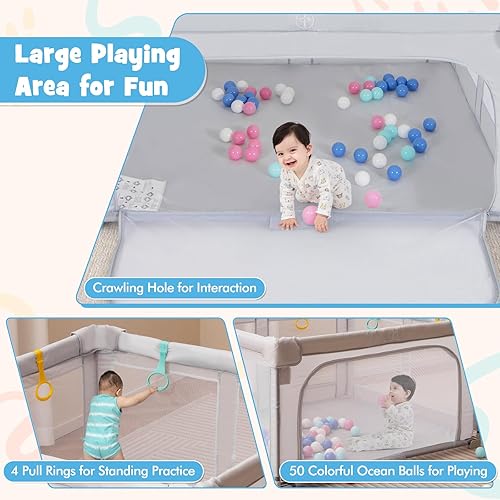 Miniatura 3 de Costzon Corralito plegable para bebés, corralito portátil de 59 x 59 pulgadas con 50 bolas oceánicas, 4 asas, bolsa de transporte, malla visible,