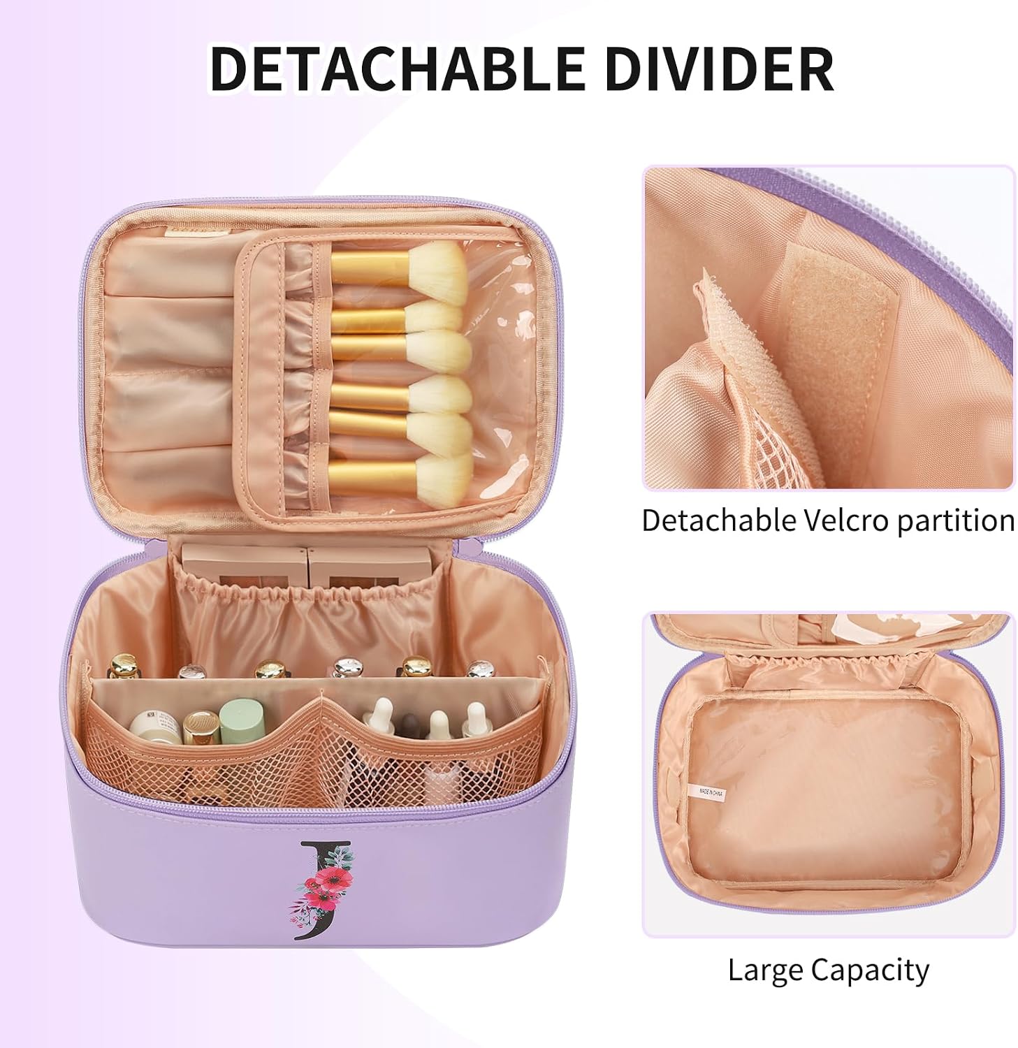 OCHEAL Initial Makeup Bag,Monogram Make up Bag Black Travel Makeup Organizer Case Beauty Toiletry Cosmetic Bag with Brush Holder, Trendy Stuff Personalized Gifts for Women and Girls-J image 4