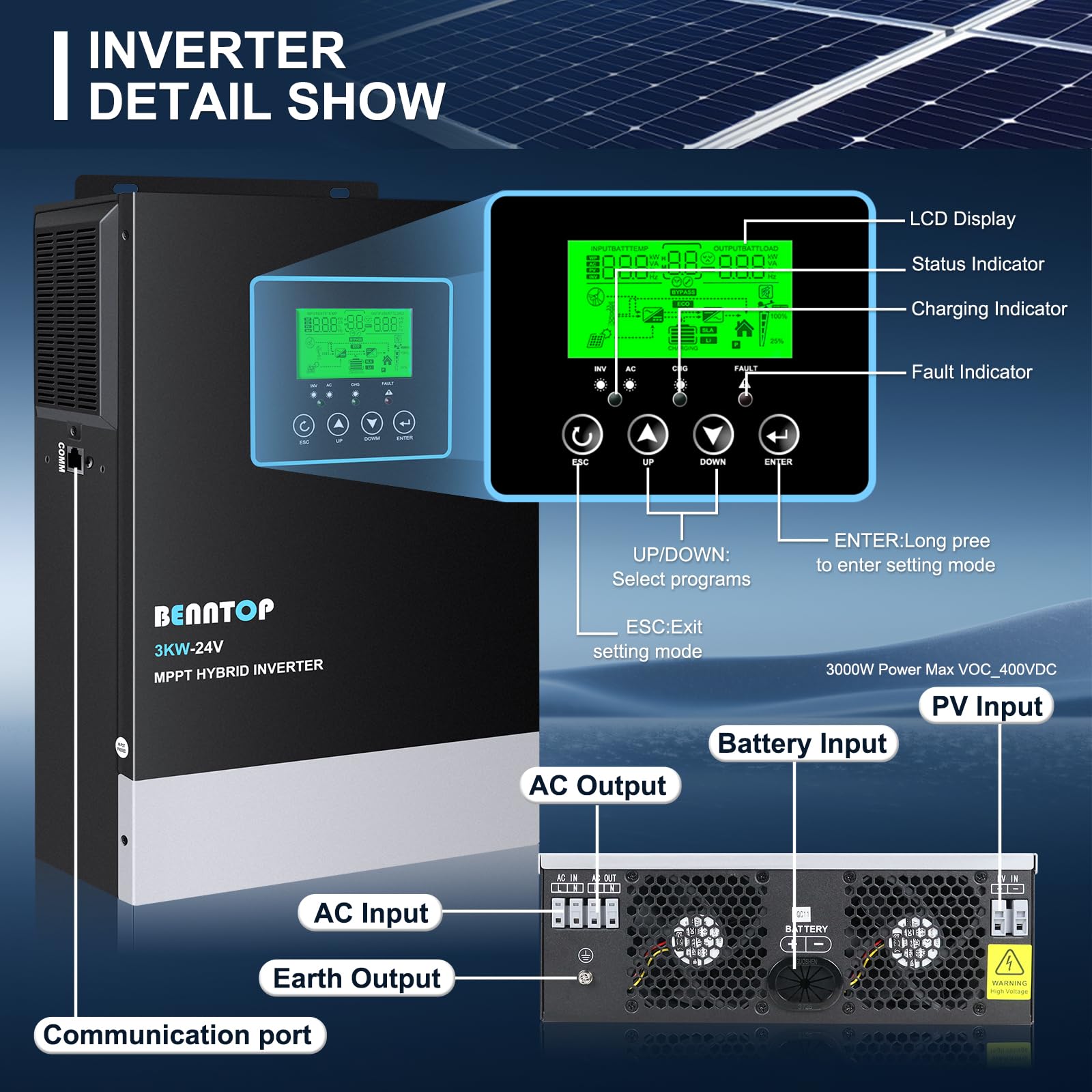 Inverter ibrido da 3000 W, 24 V DC a 230 V AC, pura sinus offgrid, inverter solare con regolatore solare MPPT da 80 A, max. ingresso PV 400 V, per batterie al piombo acido e al litio