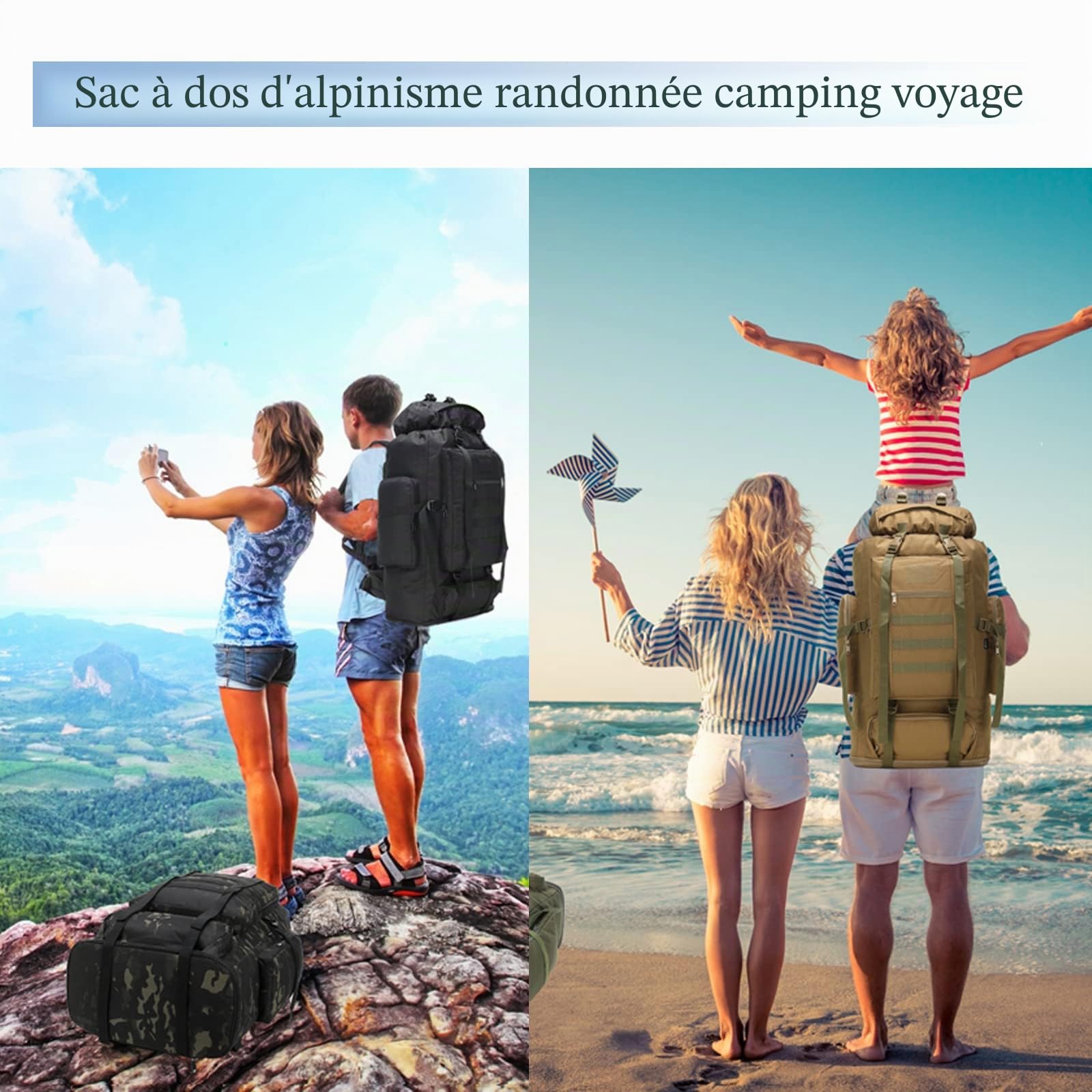 Sac à dos imperméable Molle 70L/100L Sac à dos de randonnée Grand sac à dos pour voyage, Vert kaki