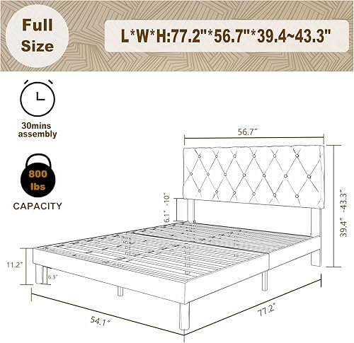Miniatura 10 de Mhjinuwet Base de cama tamaño Queen, plataforma tapizada de terciopelo con cabecero, fácil montaje, no necesita somier, antideslizante y sin ruido,