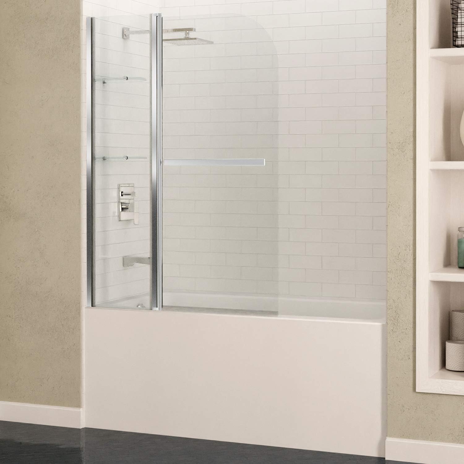 ANZZIFrameless Tub Shower Door 58" x 48", Polished Chrome, Galleon Water Repellent Glass Shower Door with Seal Strip Parts and Handle, 1/4" Glass Hinged Bathtub Shower Door (SD-AZ054-01CH)