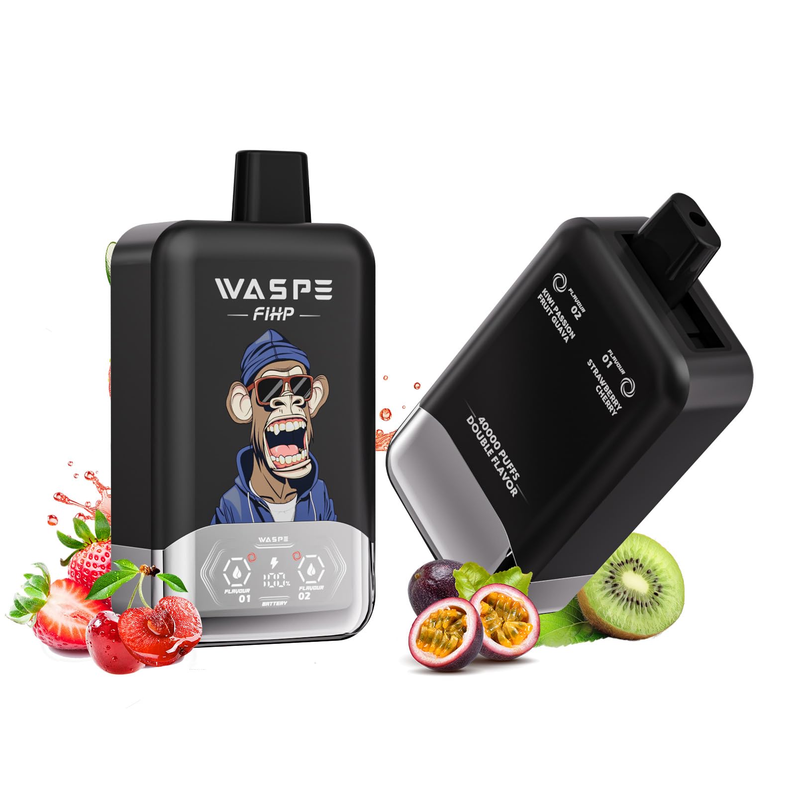 【WASPE 40000】使い捨て電子タバコ 40,000パフス デュアルメッシュコイル Type-C充電 スマートLED 16フレーバー 人気 タバコ味 ニコチン無しタール無し ベイプ (ストロベリー·チェリー&キウイ·パッション·フルーツ·グアバ)