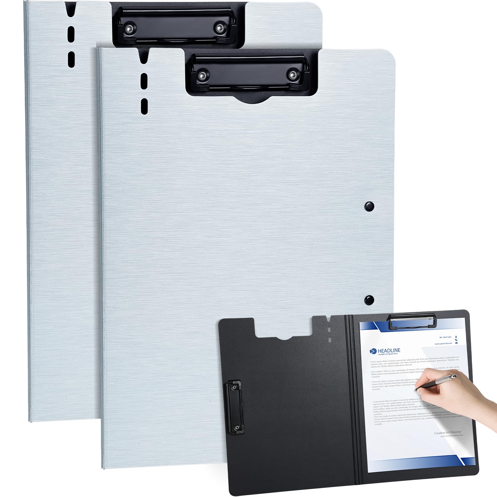 WORPSON Clipboard Folder, with Dual Metal Clips, Embossed-Texture, Folding 360° Rotating, Nursing Clipboard for Letter and A4, Pen Holder (Silver, 2)