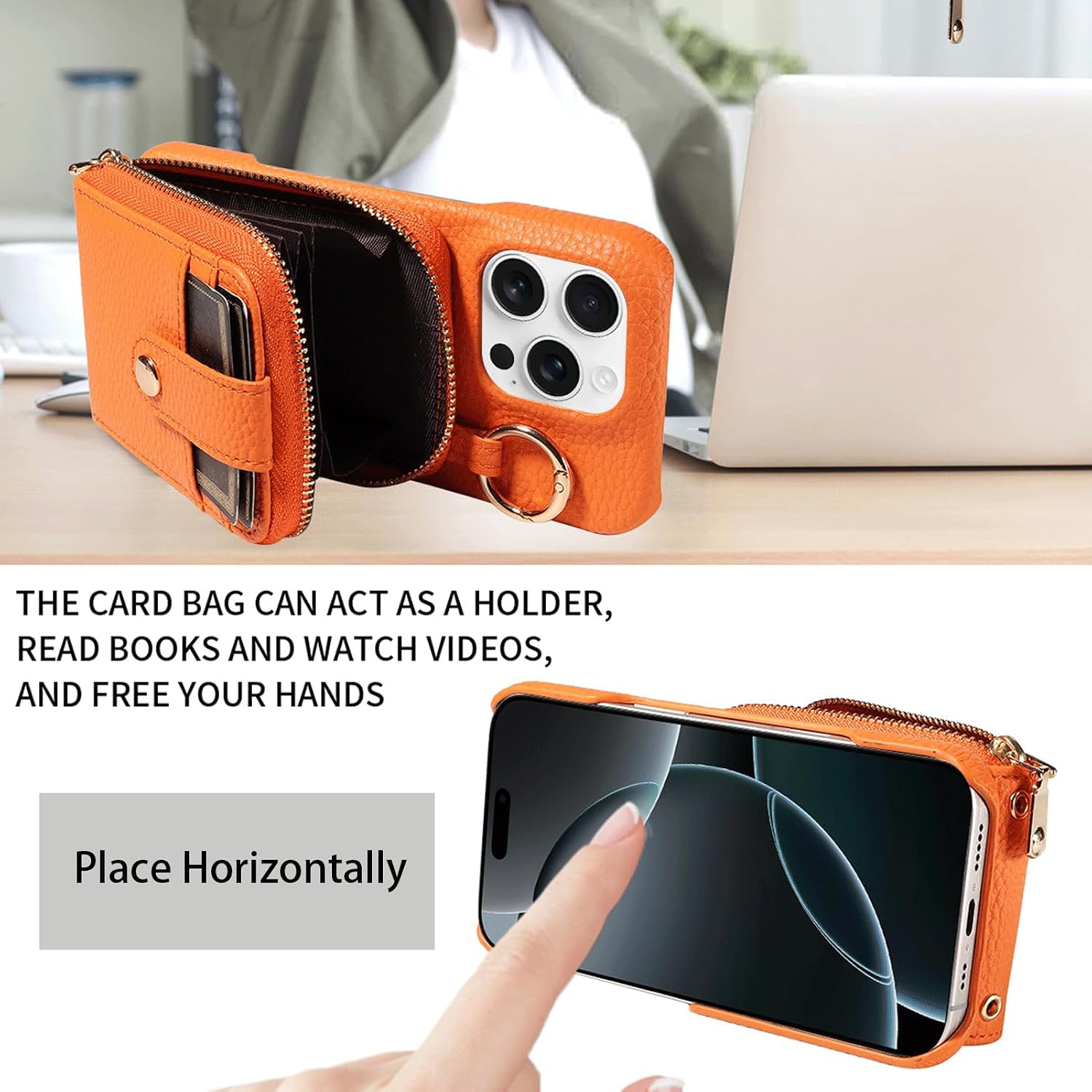 Wallet Case Compatible for iPhone 17 Pro Max Crossbody with Strap/Lanyard (Detachable), Leather Zipper Phone Purse with Card Slots Holder, Drop Protection – Stylish Gift for Women, Orange